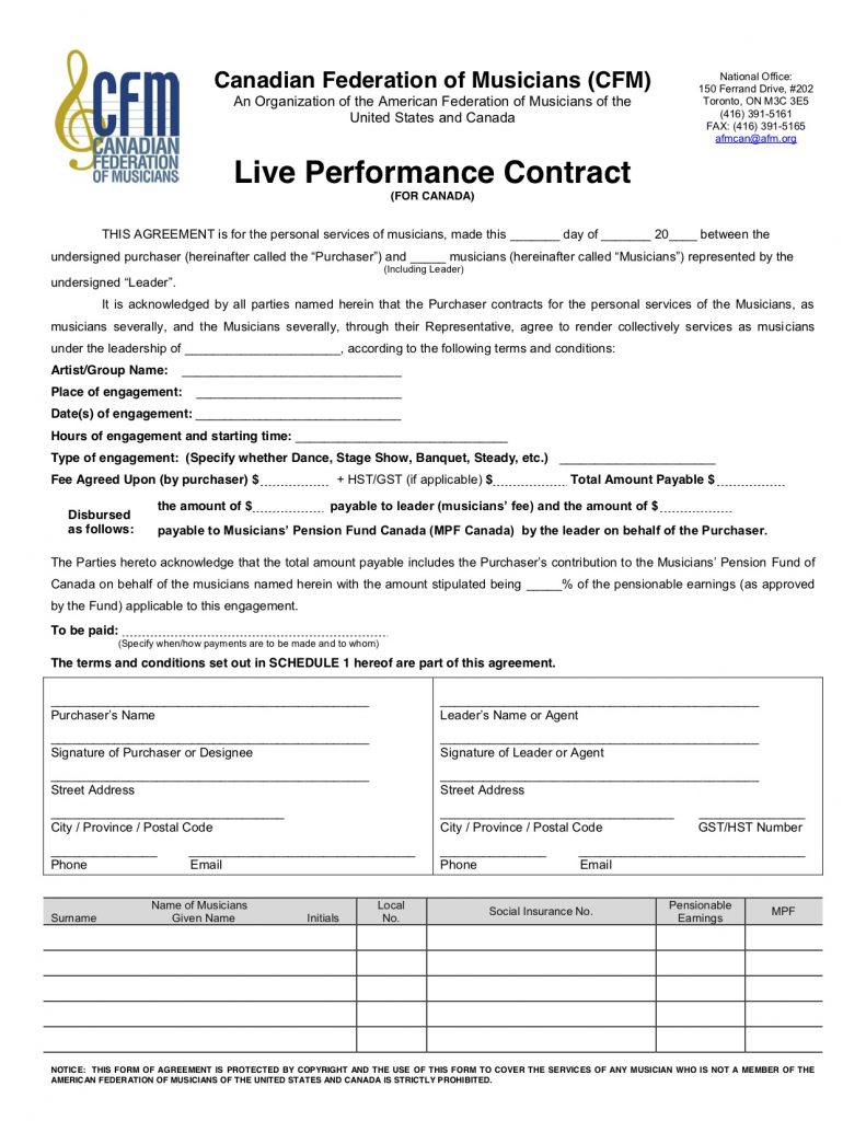 This Is What A Live Music Performance Contract Looks Like Hamilton